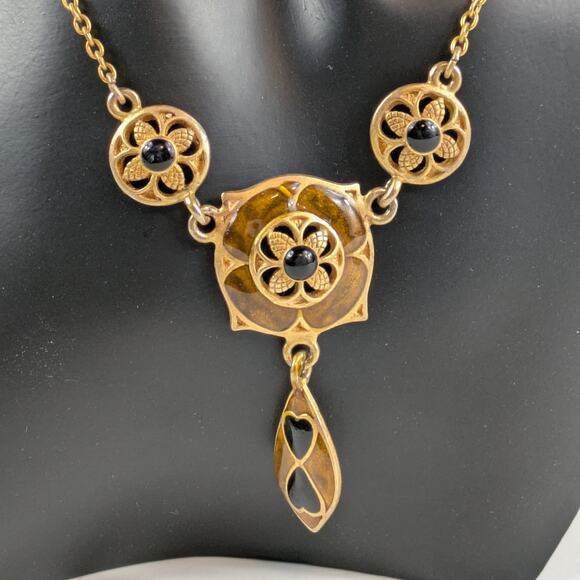 Vintage Gold Tone Drop Pendant Necklace Black Glass Inlay Art Deco Revival 11" - Picture 4 of 8